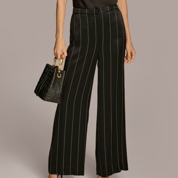 β¨Donna Karan New York Satin Wide-Leg Pinstripe Pants β Black/Ivory NWT Size 12β¨ - Picture 1 of 5